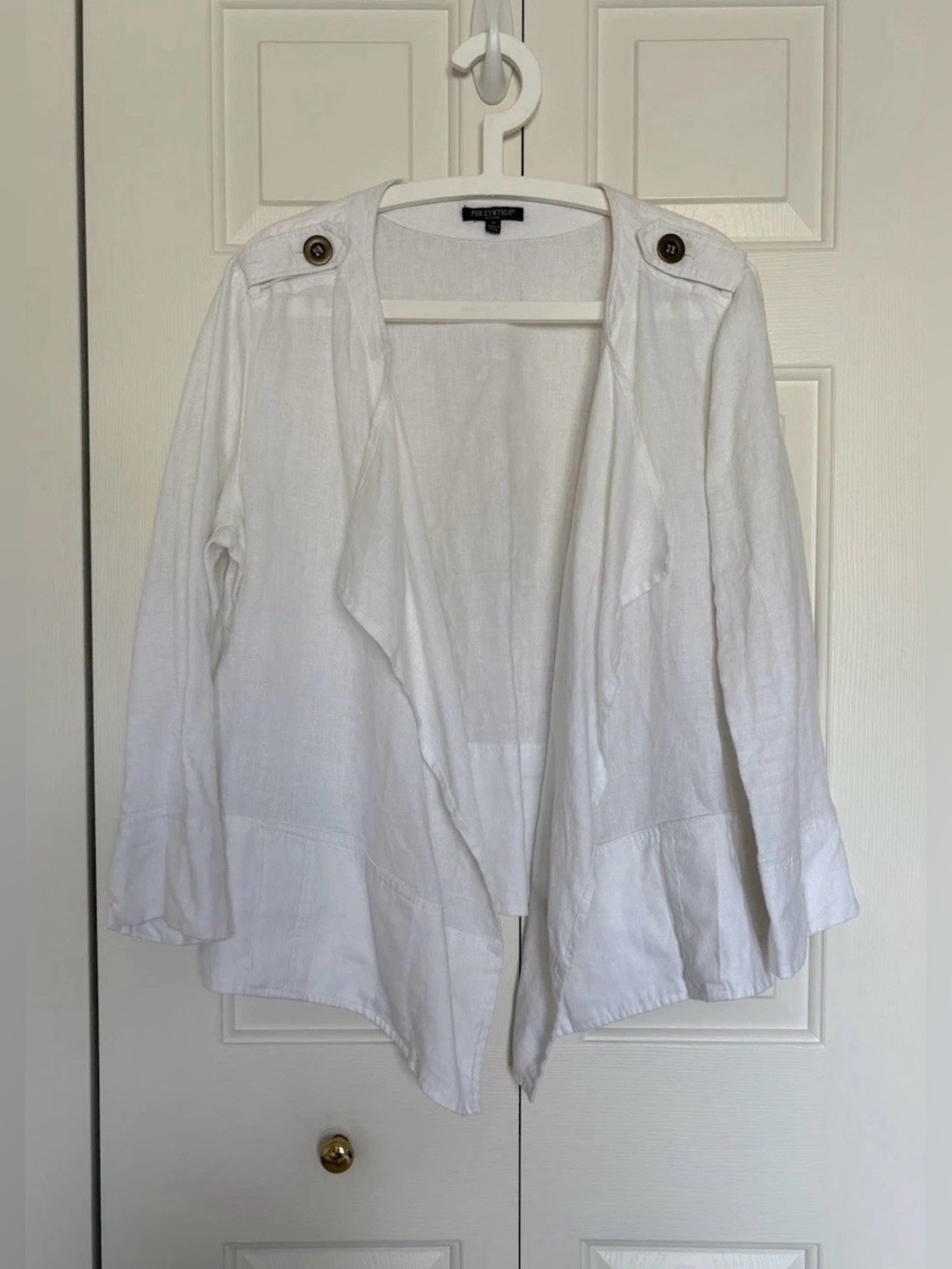 For Cynthia Linen Blazer Jacket Womens 1X White Asymmetric Open Coastal Yacht